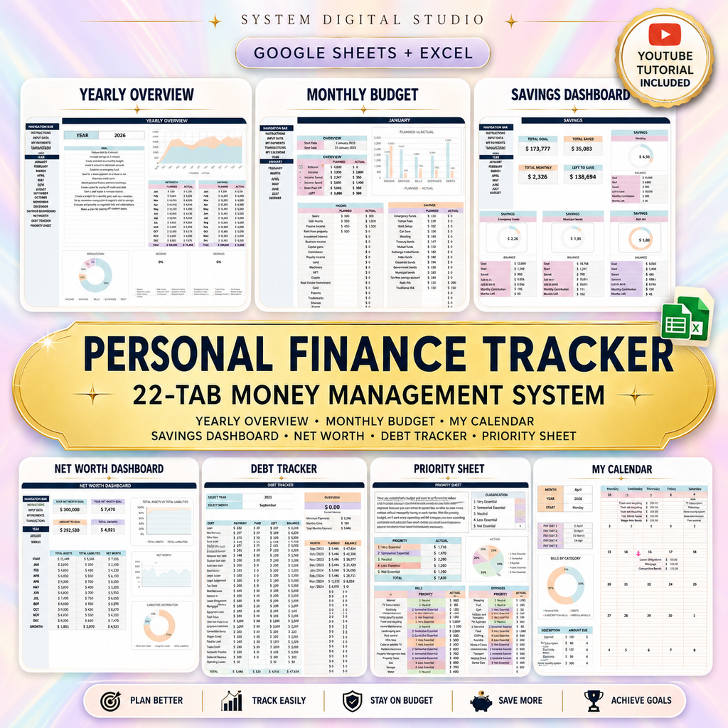 Personal Finance Tracker | 22-Tab Budget Spreadsheet for Google Sheets & Excel