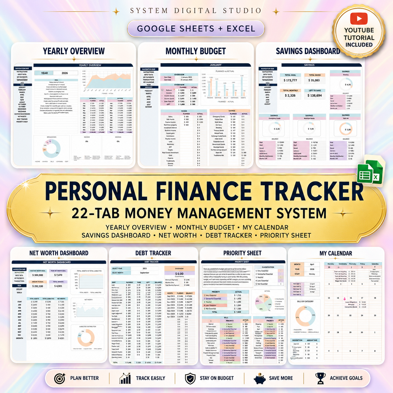 Personal Finance Tracker | 22-Tab Budget Spreadsheet for Google Sheets & Excel