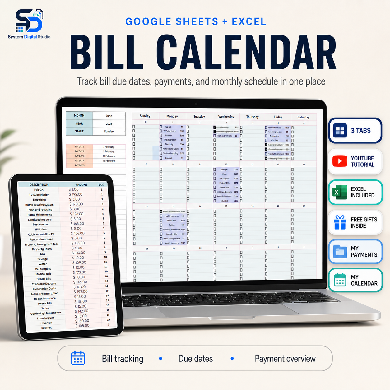 Bill Payment Tracker & Calendar for Google Sheets & Excel