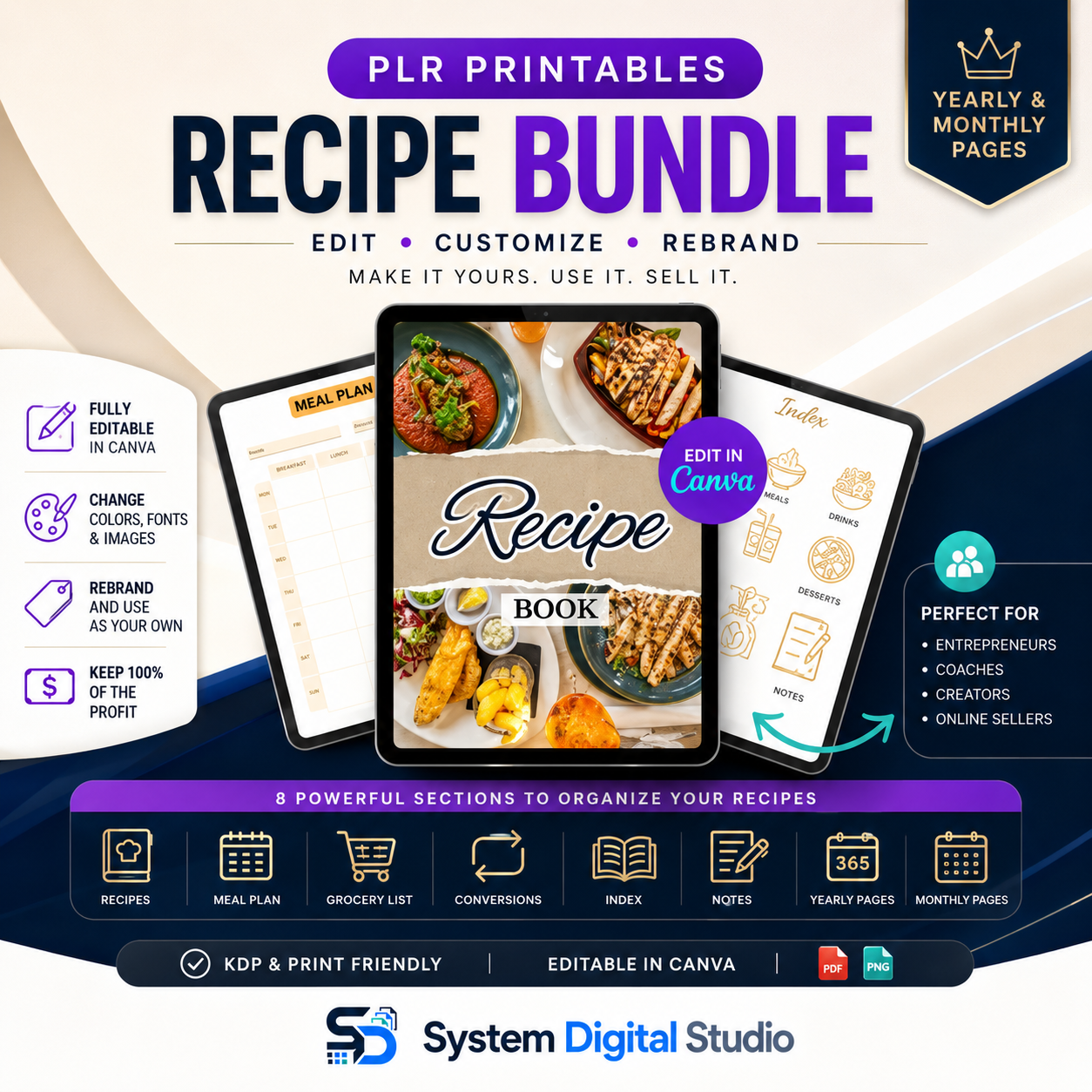 PLR Printable Recipe Journal | 70+ Page Canva Recipe Planner