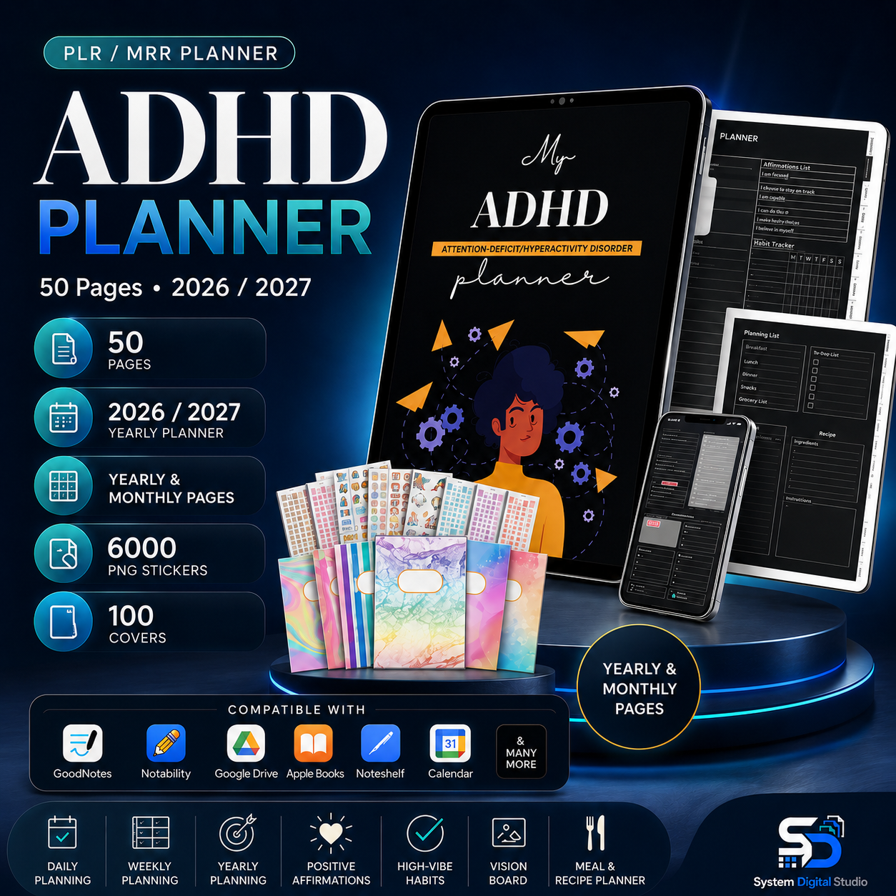 Dark Mode Adult ADHD Digital Planner with PLR & MRR Rights