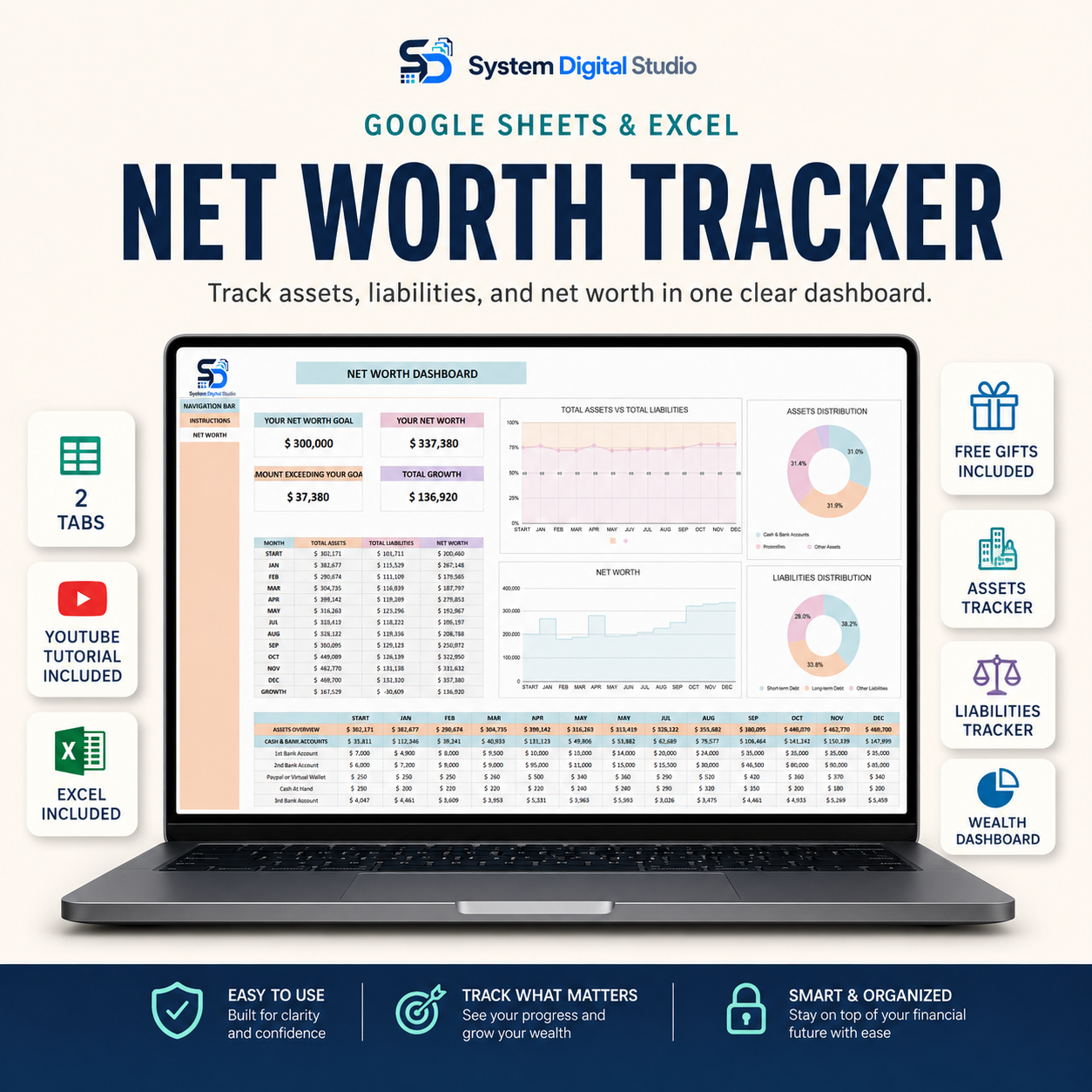 Net Worth Tracker Spreadsheet for Google Sheets & Excel