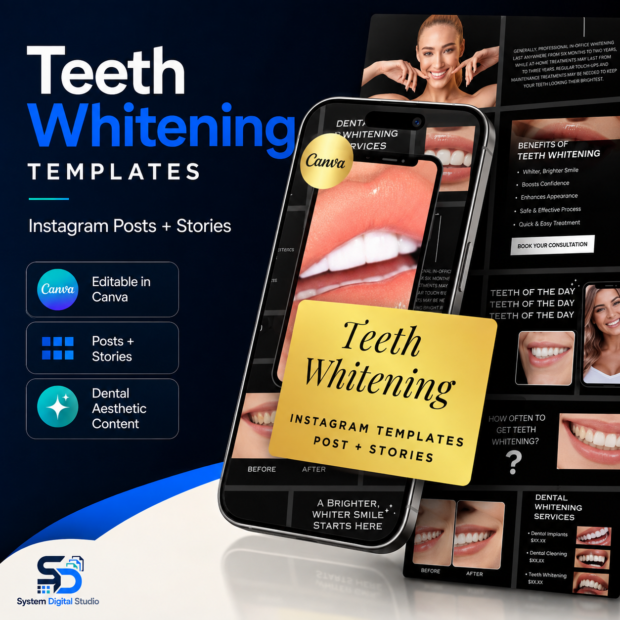 60 Teeth Whitening Instagram Templates | Tooth Gem Canva Templates