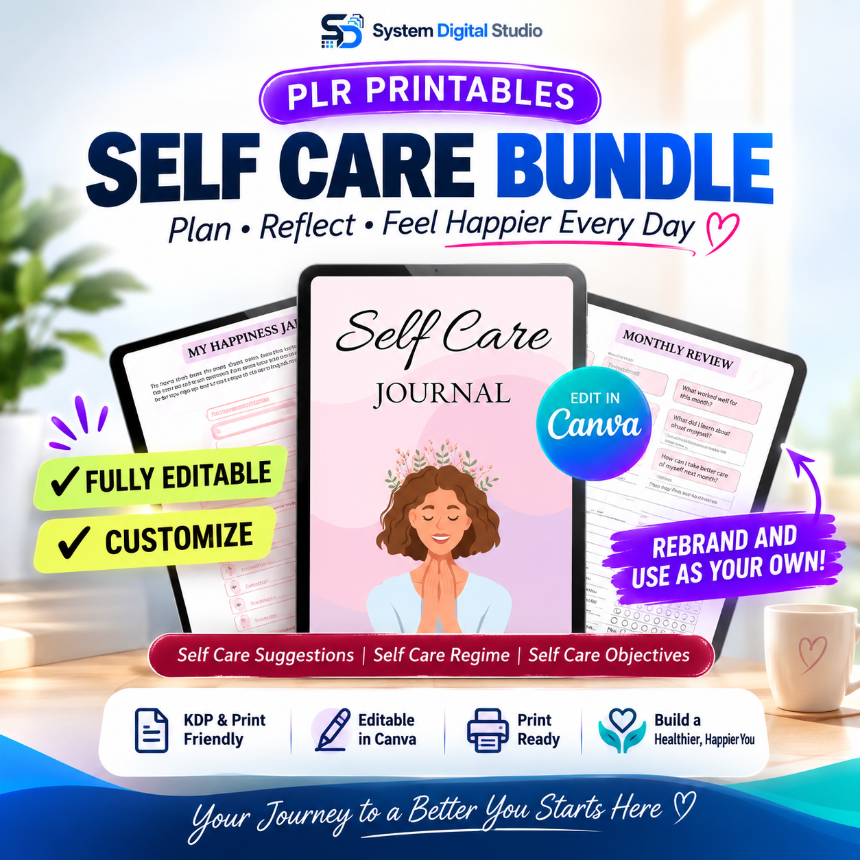 PLR Printable Self Care Planner | Editable Canva Template