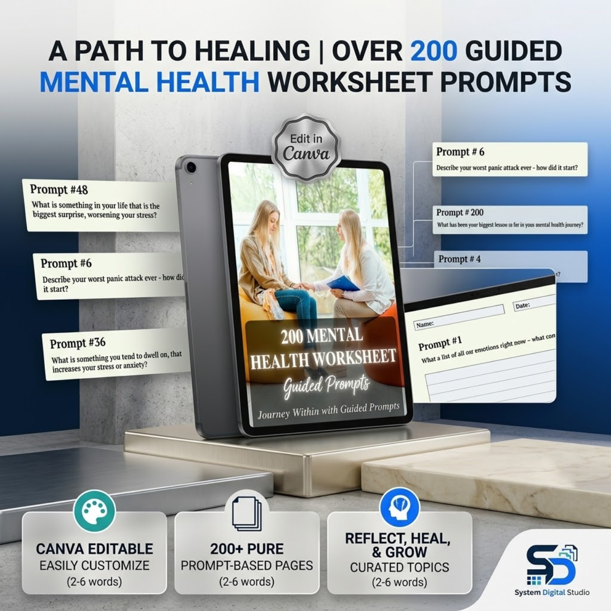 200 Mental Health Worksheet Prompts | Fillable PDF & Printable