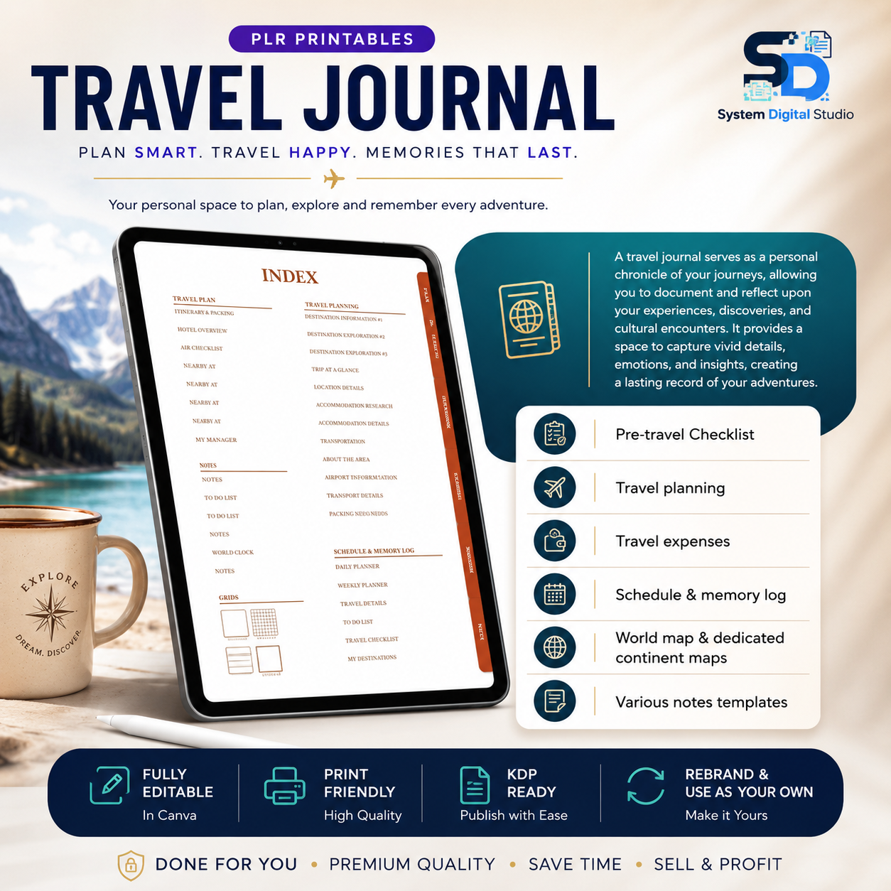 PLR Travel Planner Canva Template | Printable Travel Journal