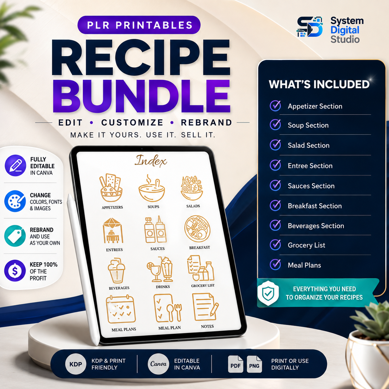 PLR Printable Recipe Journal | 70+ Page Canva Recipe Planner