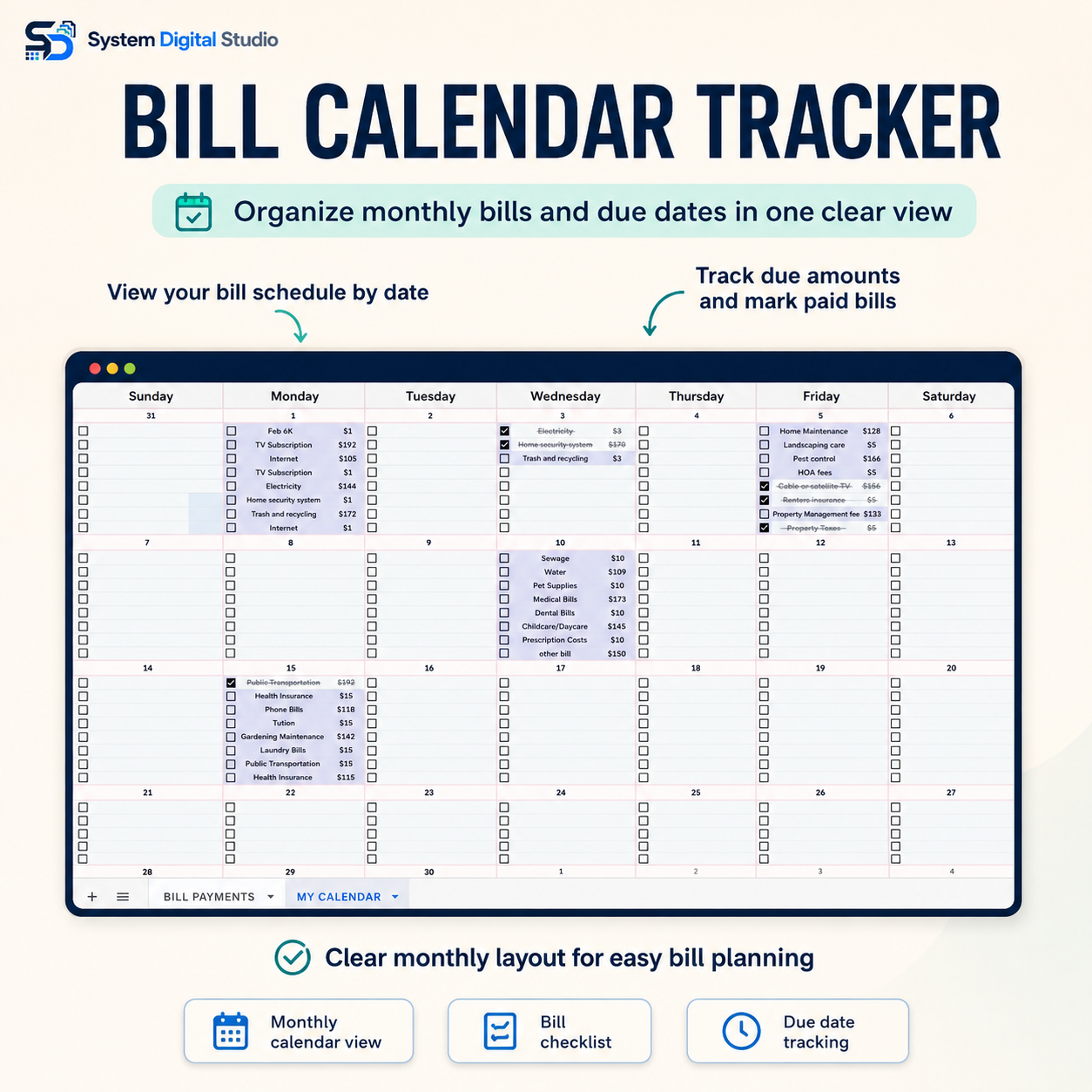 Bill Payment Tracker & Calendar for Google Sheets & Excel