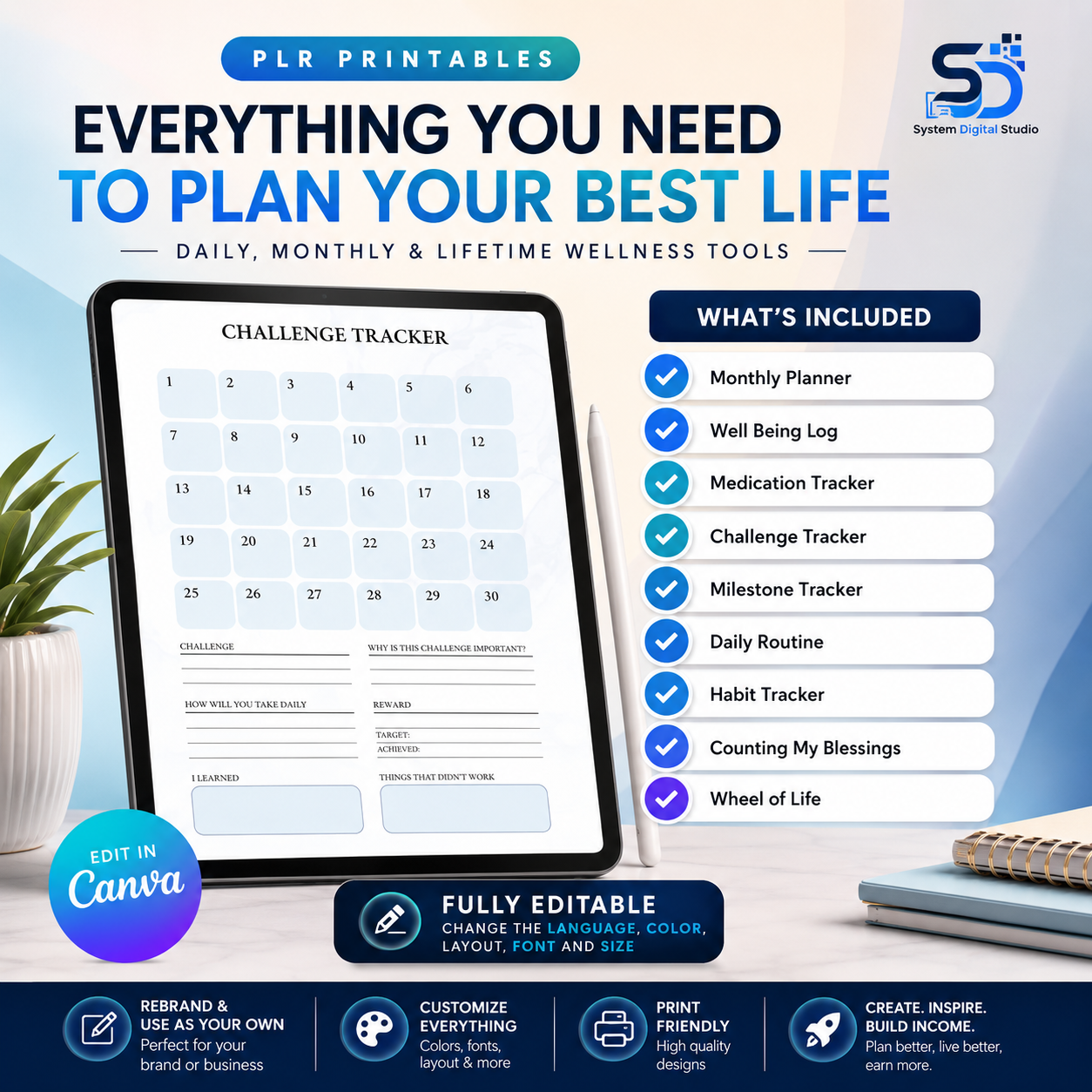 PLR Printable Wellness Journal | Editable Canva Planner