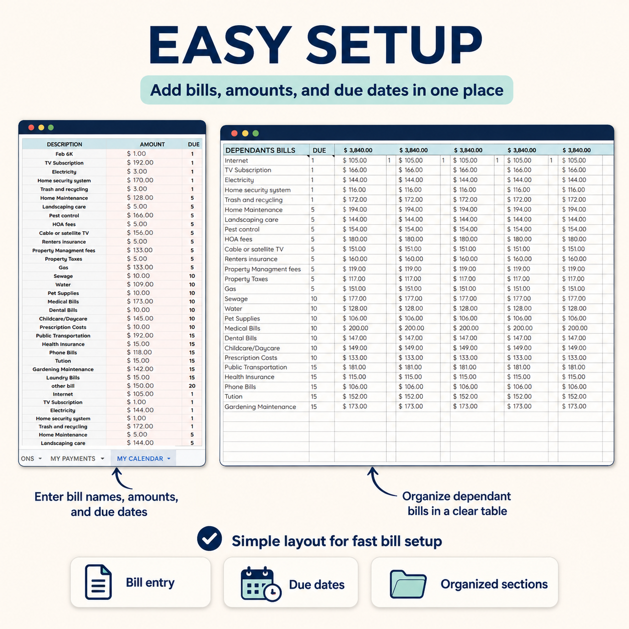 Bill Payment Tracker & Calendar for Google Sheets & Excel