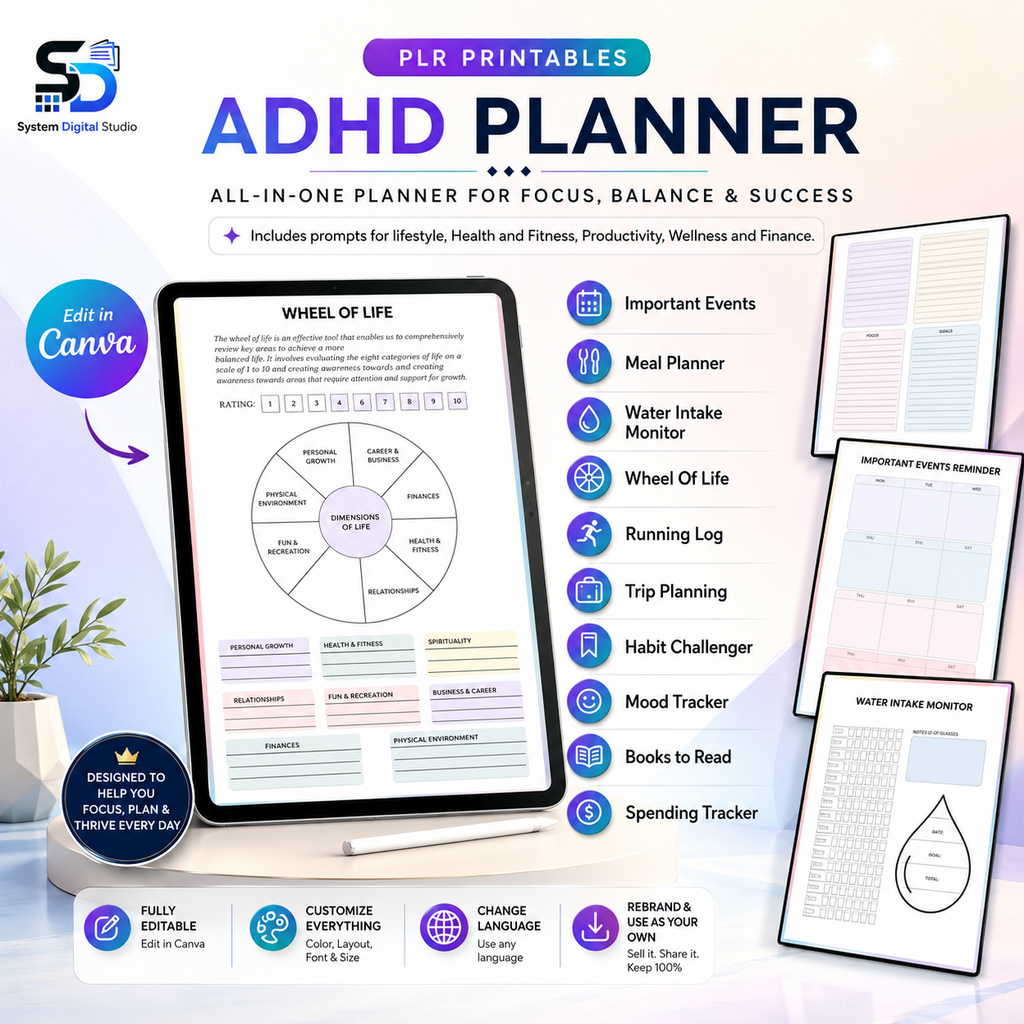 PLR Printable ADHD Planner | Editable Canva Template