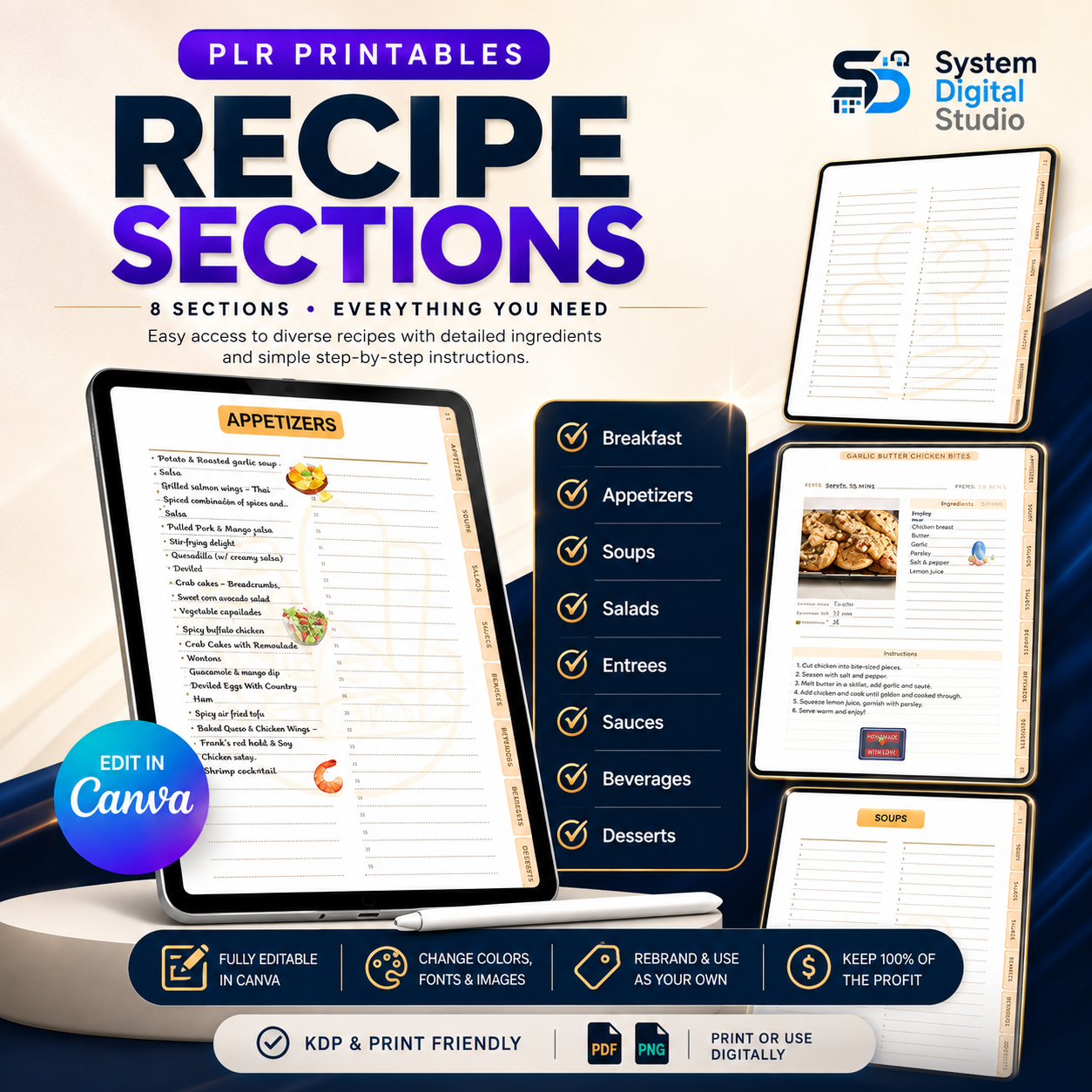PLR Printable Recipe Journal | 70+ Page Canva Recipe Planner