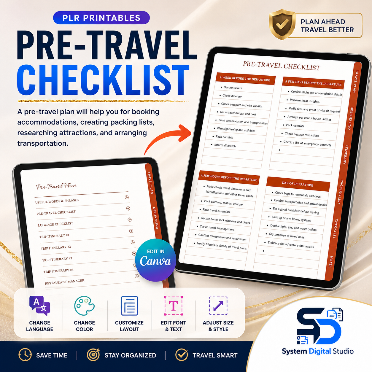 PLR Travel Planner Canva Template | Printable Travel Journal