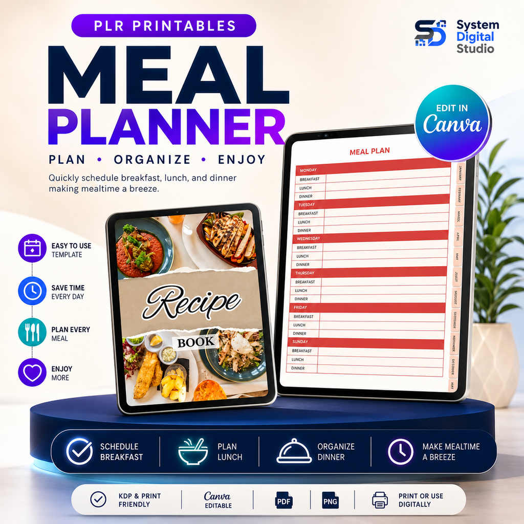 PLR Printable Recipe Journal | 70+ Page Canva Recipe Planner