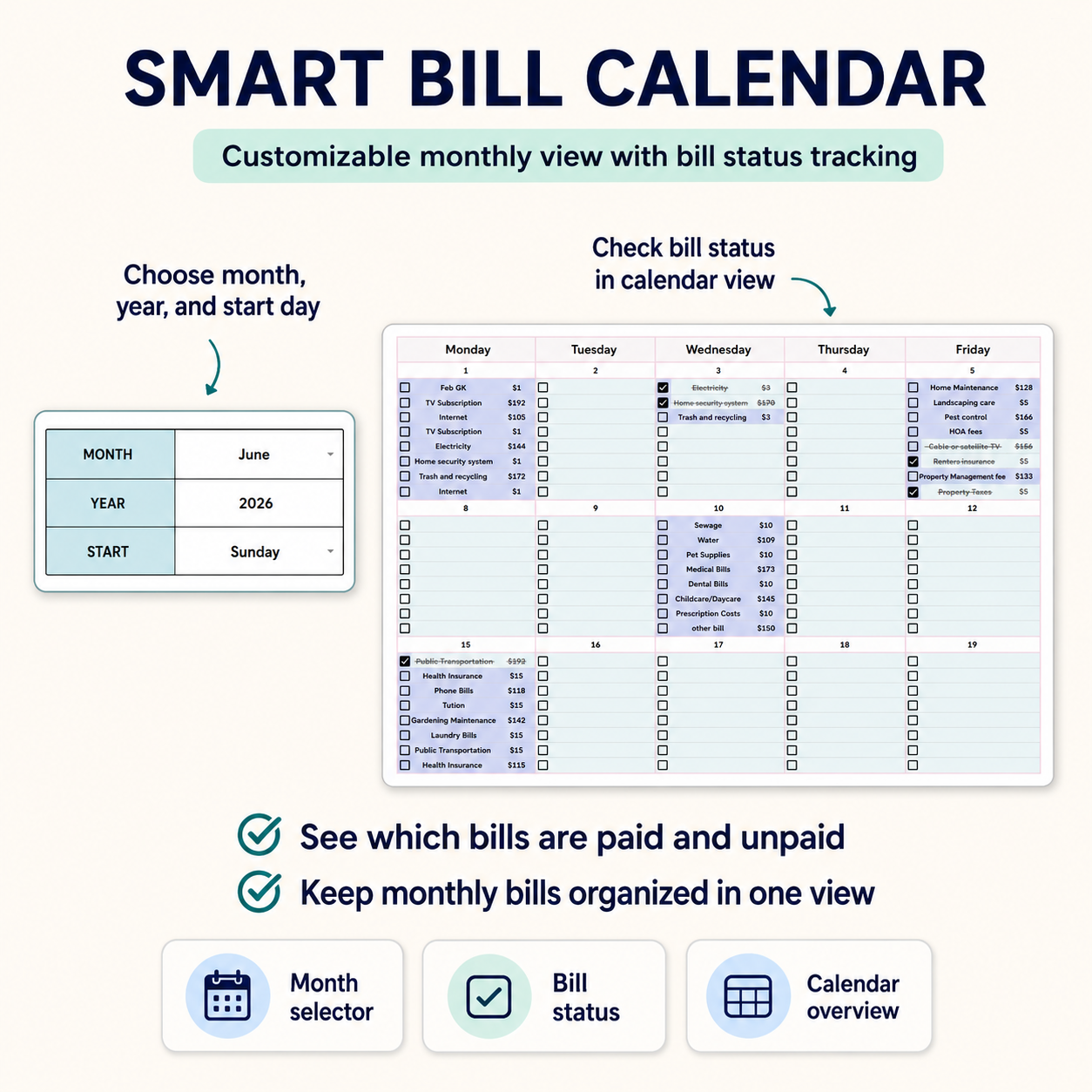 Bill Payment Tracker & Calendar for Google Sheets & Excel