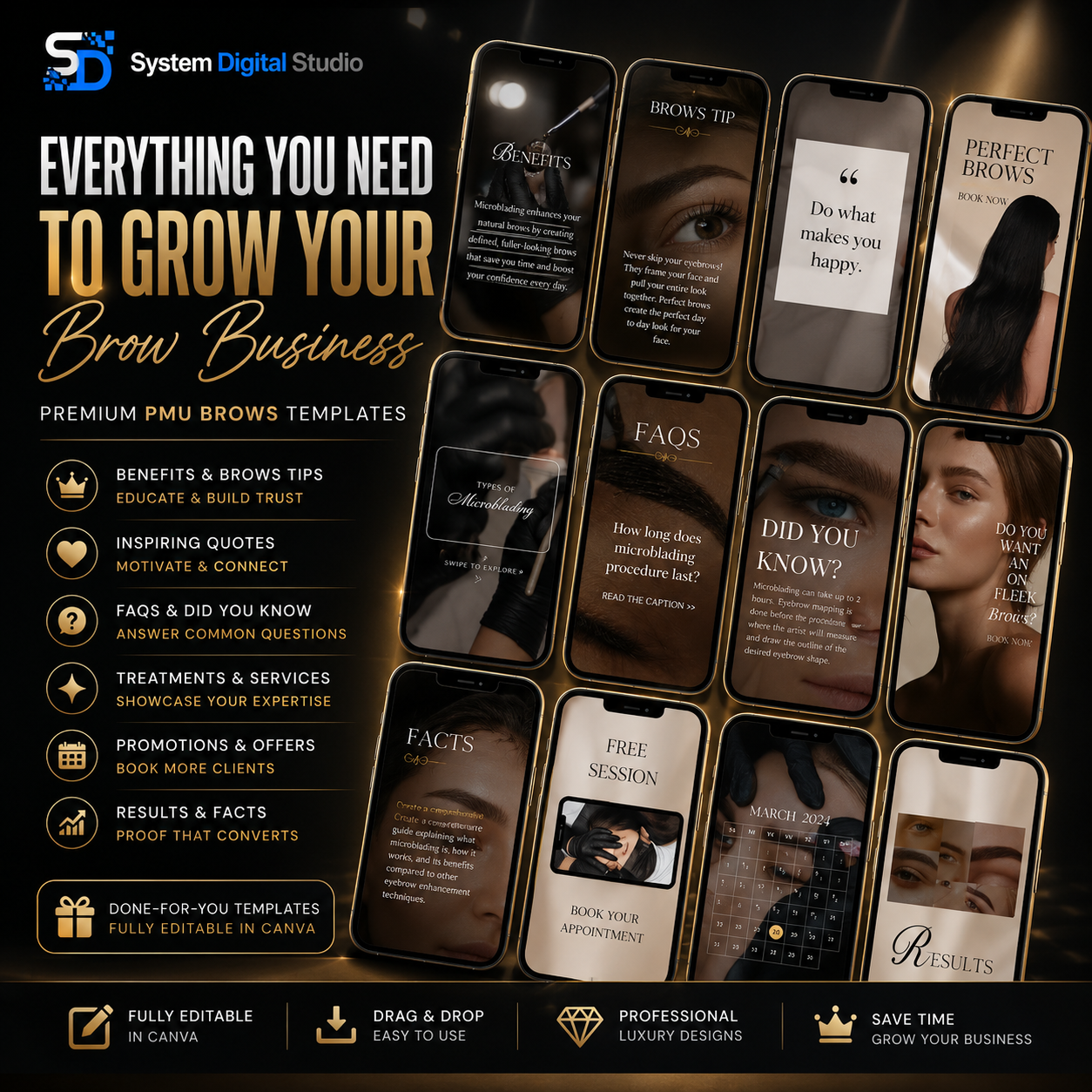 120 Microblading Instagram Templates | PMU Brow Canva Templates