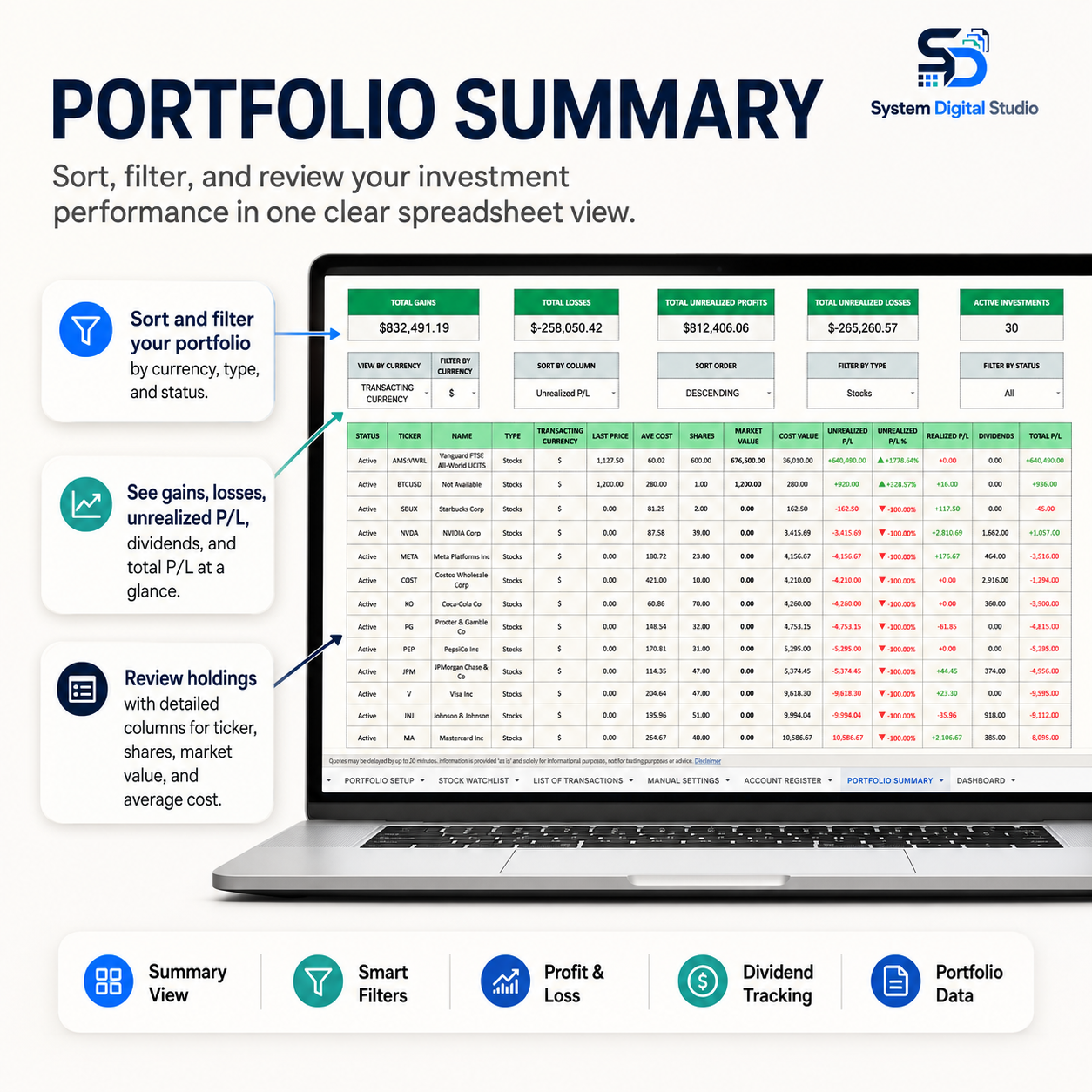 Stock & Crypto Portfolio Tracker Spreadsheet