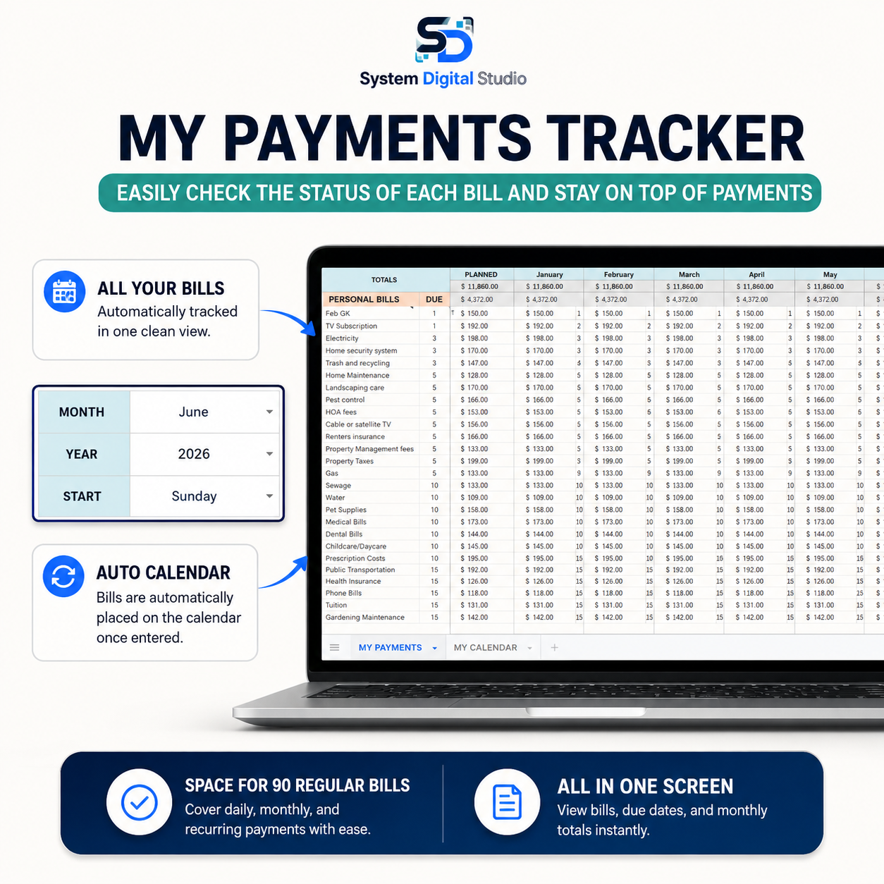 Bill Payment Tracker & Calendar for Google Sheets & Excel