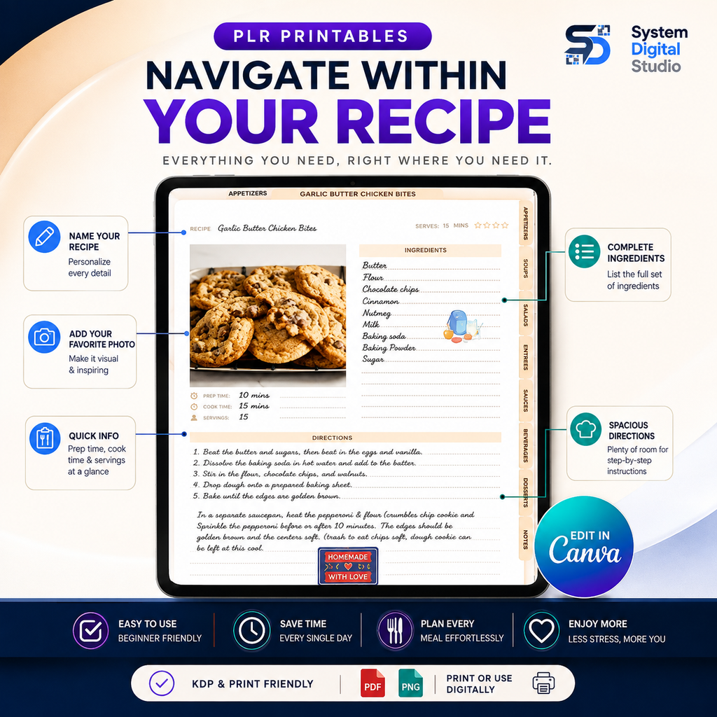 PLR Printable Recipe Journal | 70+ Page Canva Recipe Planner