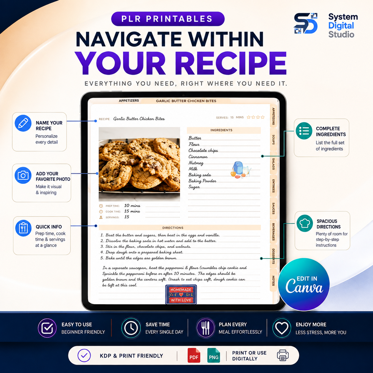 PLR Printable Recipe Journal | 70+ Page Canva Recipe Planner