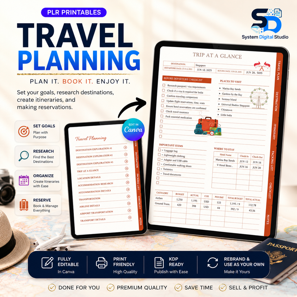 PLR Travel Planner Canva Template | Printable Travel Journal