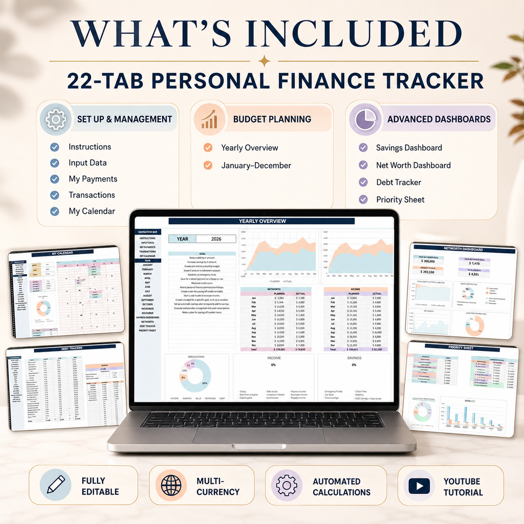 Personal Finance Tracker | 22-Tab Budget Spreadsheet for Google Sheets & Excel