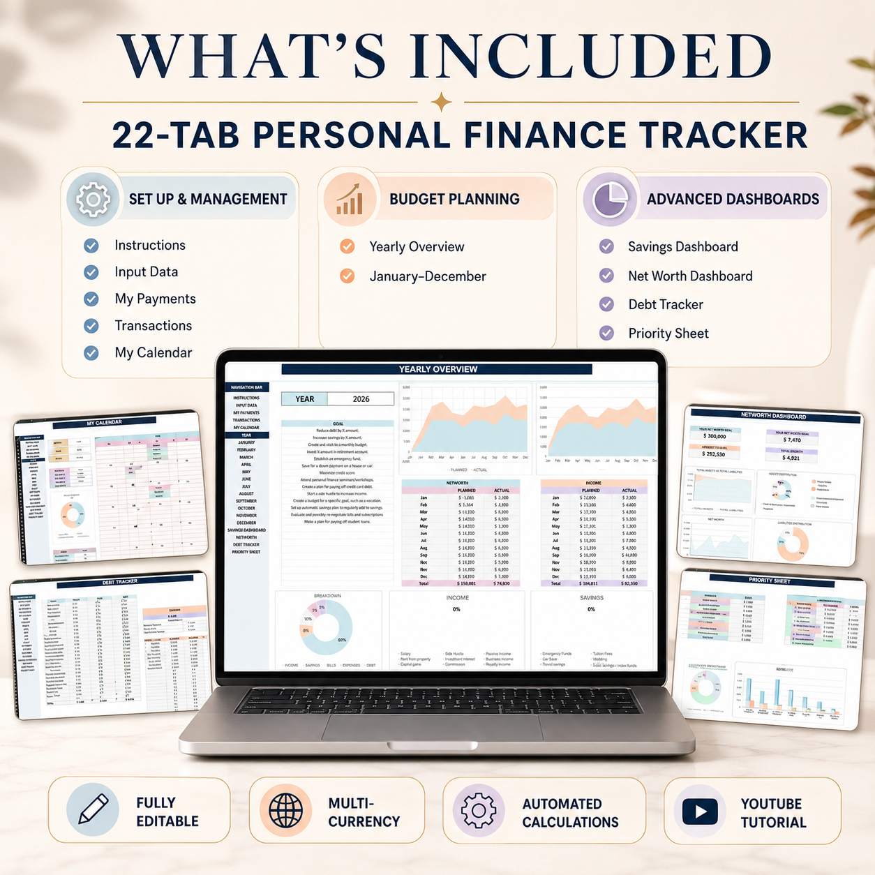 Personal Finance Tracker | 22-Tab Budget Spreadsheet for Google Sheets & Excel