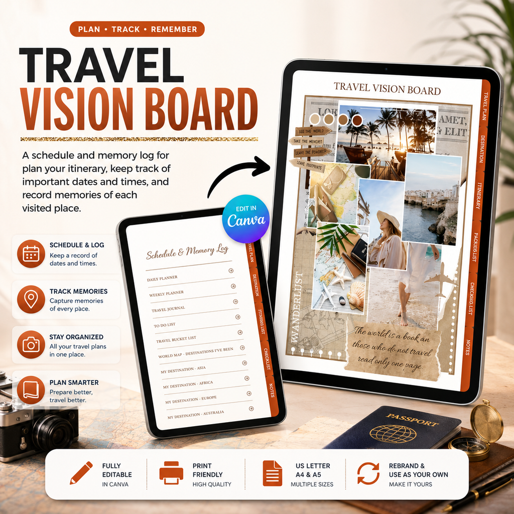 PLR Travel Planner Canva Template | Printable Travel Journal