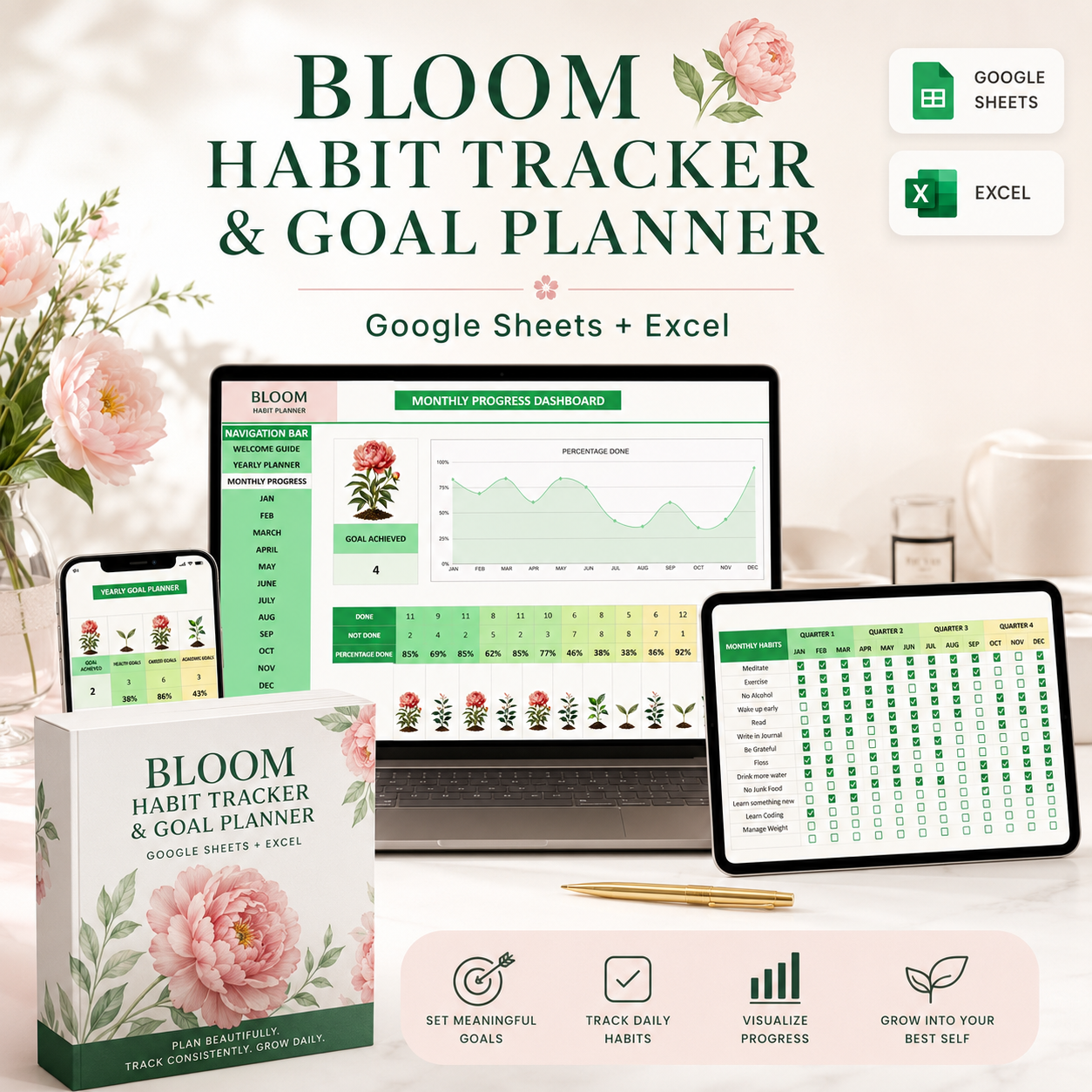 Bloom Habit Tracker & Goal Planner | Excel + Google Sheets