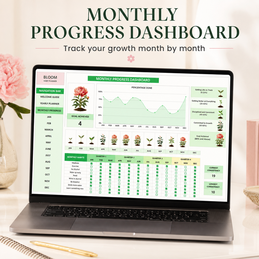 Bloom Habit Tracker & Goal Planner | Excel + Google Sheets