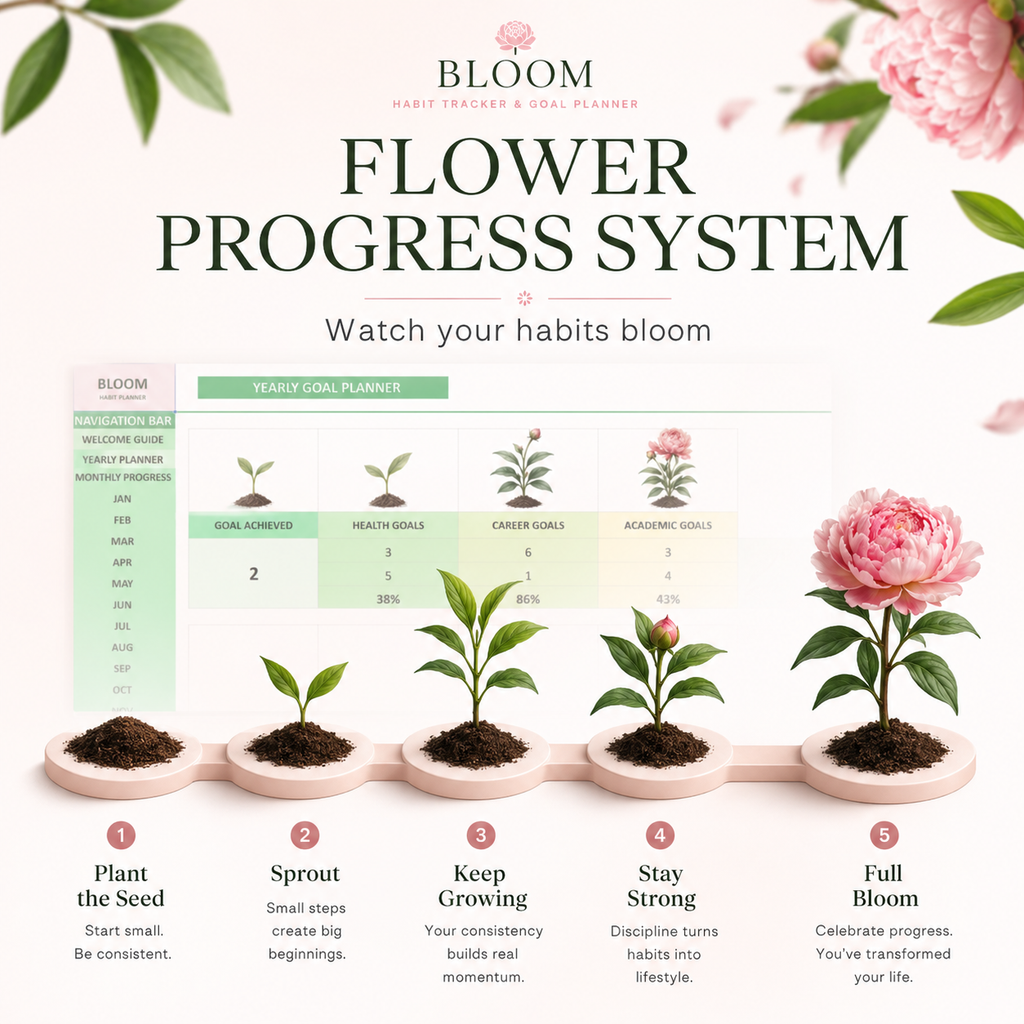Bloom Habit Tracker & Goal Planner | Excel + Google Sheets