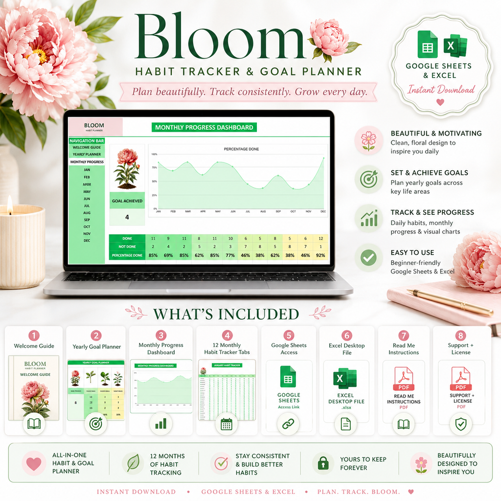 Bloom Habit Tracker & Goal Planner | Excel + Google Sheets