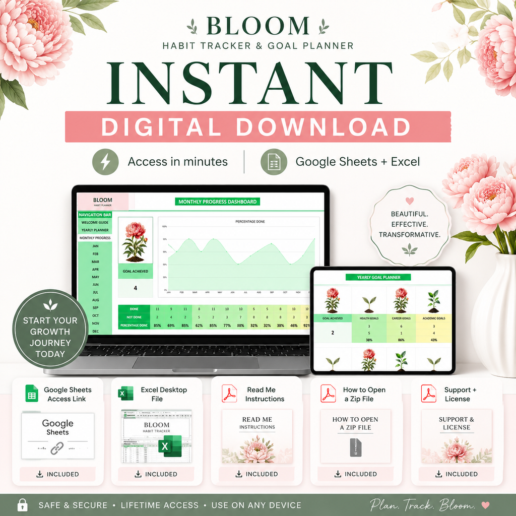 Bloom Habit Tracker & Goal Planner | Excel + Google Sheets