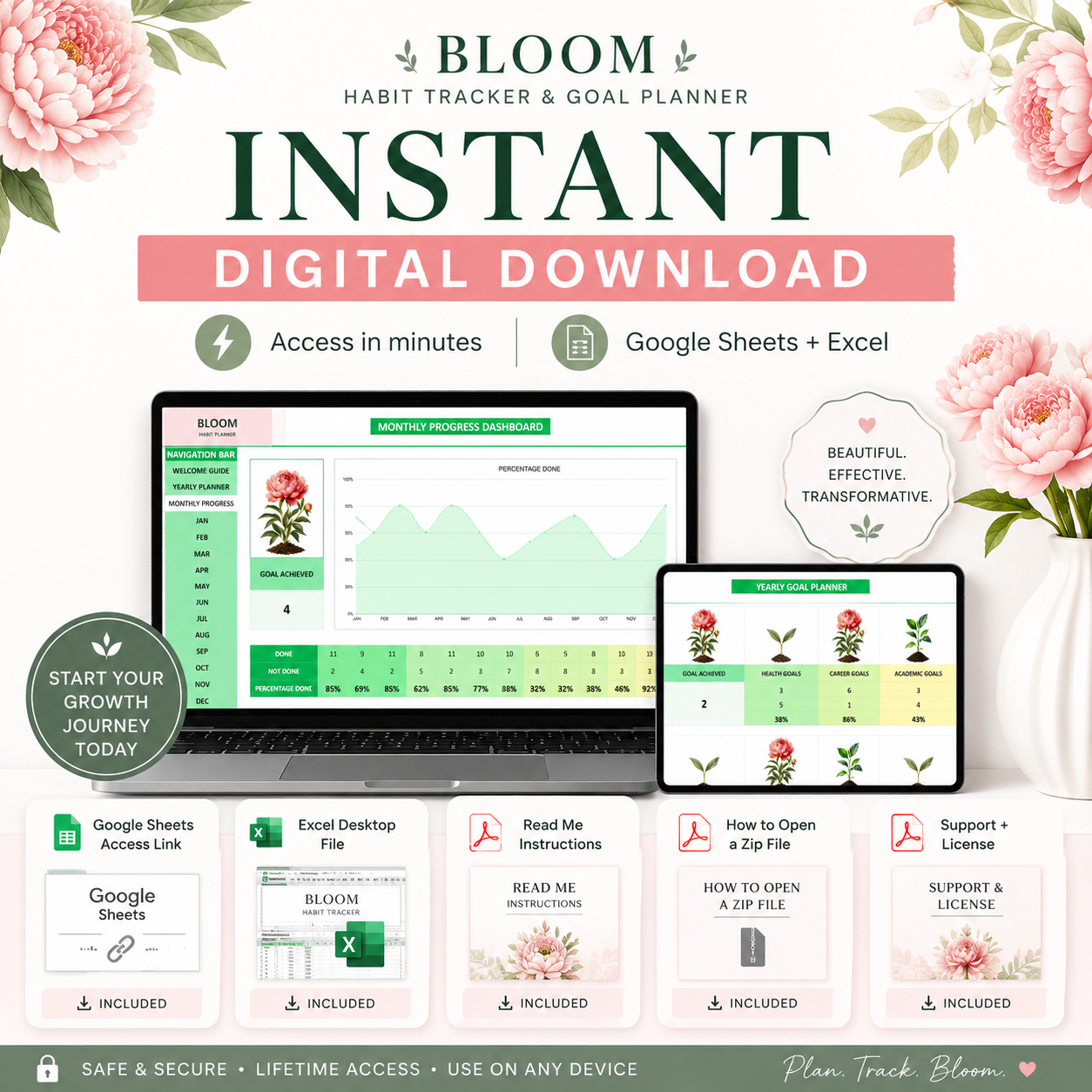 Bloom Habit Tracker & Goal Planner | Excel + Google Sheets