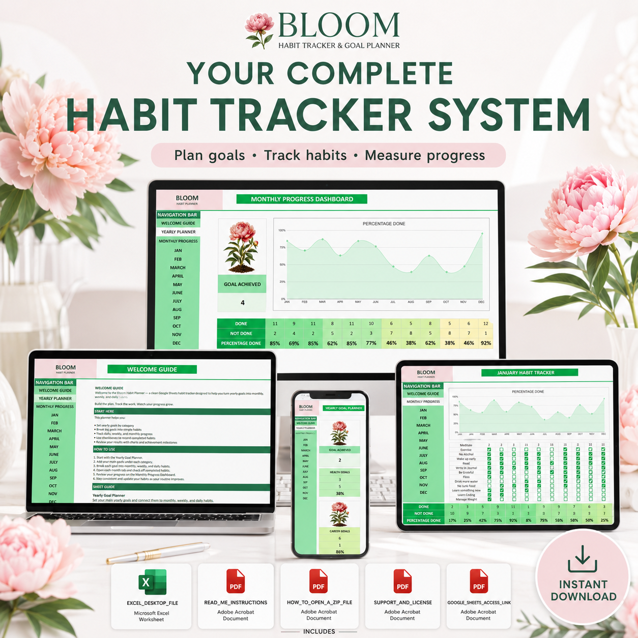 Bloom Habit Tracker & Goal Planner | Excel + Google Sheets