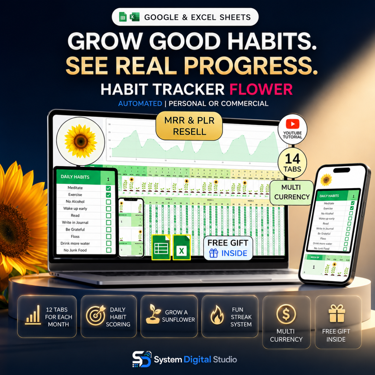 Habit Tracker Spreadsheet – Plant a Sunflower Daily Habit Planner
