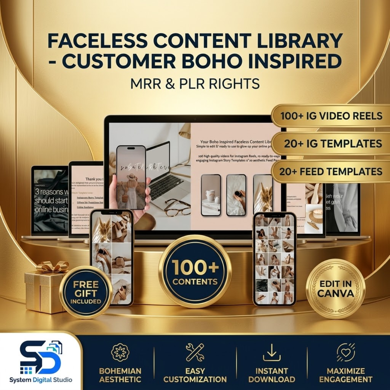 Boho Faceless Content Library | Editable Canva PLR MRR