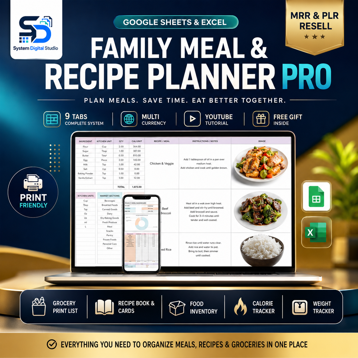 Meal & Grocery Planner Spreadsheet for Excel & Google Sheets