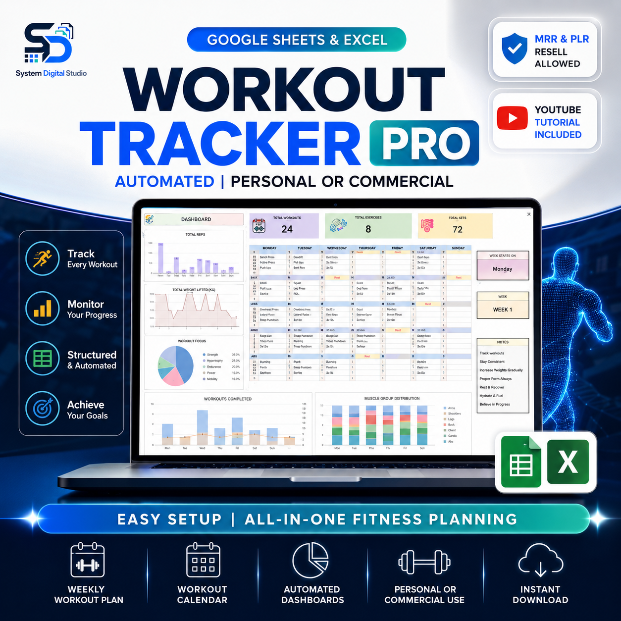 Workout Tracker Spreadsheet | Google Sheets & Excel Fitness Planner